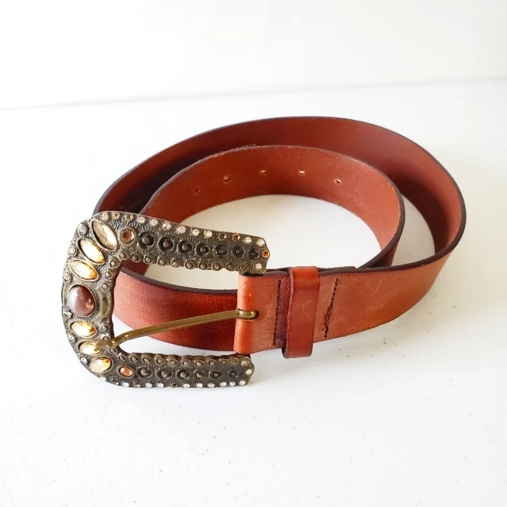 Fabio Corti Genuine Leather Belt Brown Jeweled Beaded Oversized Buckle‎ Italy